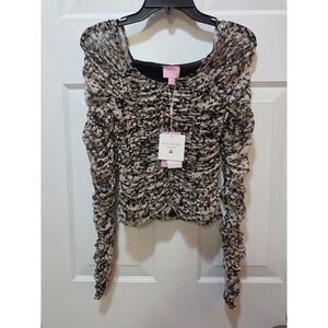 NWT MUSE Republic Clothing Leopard Print Ruched Mesh Top Tan Black L